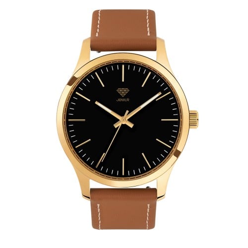 Men's Personalized Dress Watch - 40mm Uptown - Gold Case, Black Dial, Tan Leather