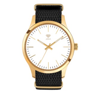 Men's Personalized Dress Watch - 40mm Uptown - Gold Case, White Dial, Black Nato