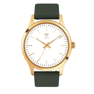 Men's Personalized Dress Watch - 40mm Uptown - Gold Case, White Dial, Green Leather