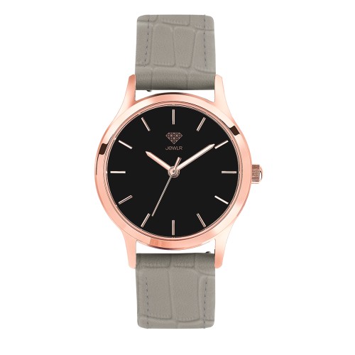 Women's Personalized Dress Watch - 32mm Metro - Rose Gold Case, Black Dial, Grey Croc Leather