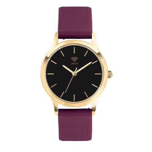 Women's Personalized Dress Watch - 32mm Uptown - Gold Case, Black Dial, Burgundy Leather