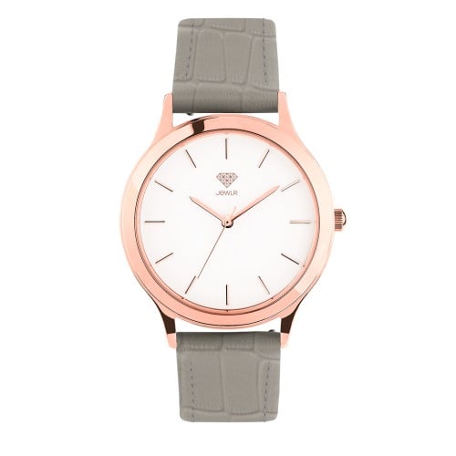 Women's Personalized Dress Watch - 36mm Metro - Rose Gold Case, White Dial, Grey Croc Leather