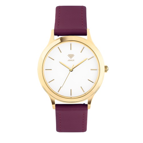 Women's Personalized Dress Watch - 36mm Uptown - Gold Case, White Dial, Burgundy Leather