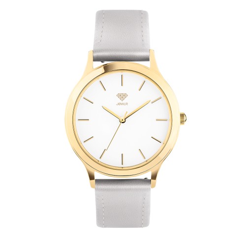Women's Personalized Dress Watch - 36mm Uptown - Gold Case, White Dial, Silver Leather