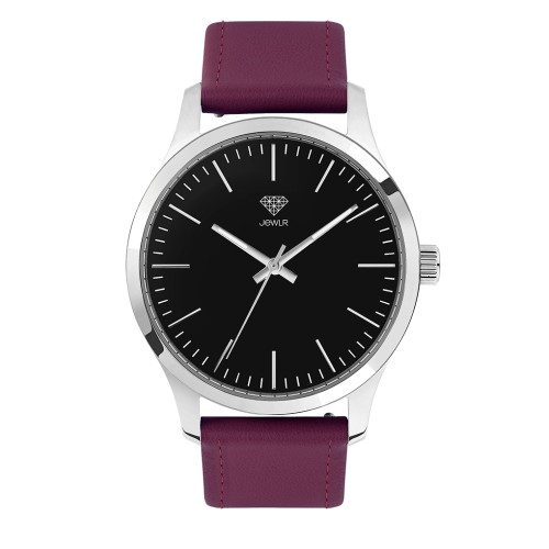 Women's Personalized Dress Watch - 40mm Downtown - Polished Steel Case, Black Dial, Burgundy Leather