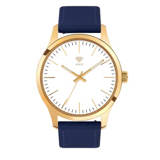 Women's Personalized Dress Watch - 40mm Uptown - Gold Case, White Dial, Blue Leather