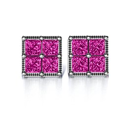 Vintage Princess Cut Stud Earrings in 925 Sterling Silver with Pink Tourmaline