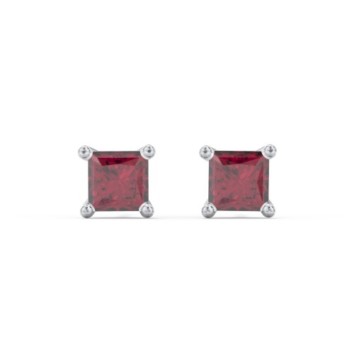 Princess Cut Stud Earrings – Sterling Silver with Ruby