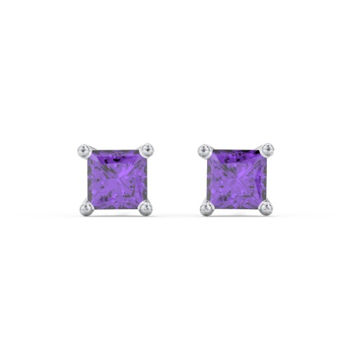 Princess Cut Stud Earrings – Sterling Silver with Amethyst