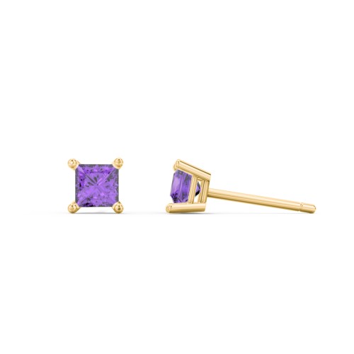 Princess Cut Stud Earrings – 10K Yellow Gold with Amethyst