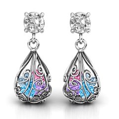 Elegant Drop Caged Earrings – Sterling Silver with Cubic Zirconia, Blue Topaz, Amethyst, Aquamarine, and Pink Tourmaline