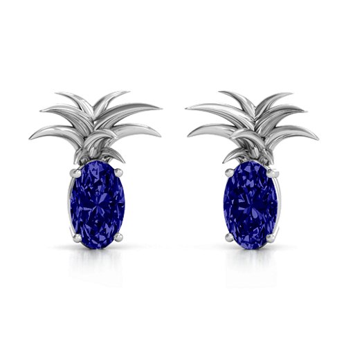 Oval Stone Pineapple Earrings – Sterling Silver with Blue Sapphire