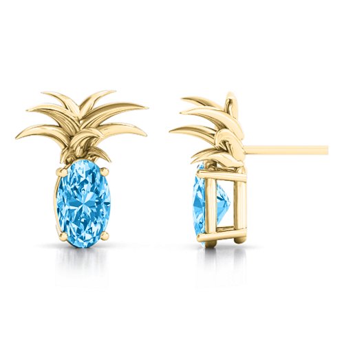Oval Stone Pineapple Earrings – 10K Yellow Gold with Blue Topaz