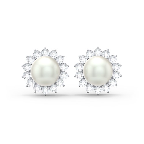 Freshwater Pearl Flower Halo Stud Earrings – Sterling Silver with White Premium Zirconia and Freshwater Pearl