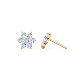 Flower Stud Earrings with Gemstones in 10K Solid Yellow Gold with Aquamarine