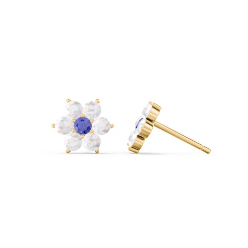 Flower Stud Earrings with Gemstones – 10K Yellow Gold with Blue Sapphire and Opal