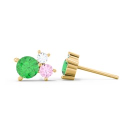 3-Stone Cluster Stud Earrings in 10K Solid Yellow Gold with Emerald, Pink Tourmaline, and Cubic Zirconia