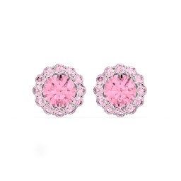 Halo Round Stud Earrings in 925 Sterling Silver with Pink Tourmaline and Fancy Pink Premium Zirconia