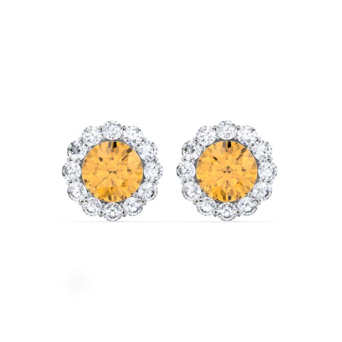 Halo Round Stud Earrings – Sterling Silver with Citrine and White Premium Zirconia