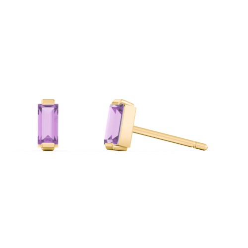 Classic Baguette Cut Stud Earrings – 10K Yellow Gold with Amethyst