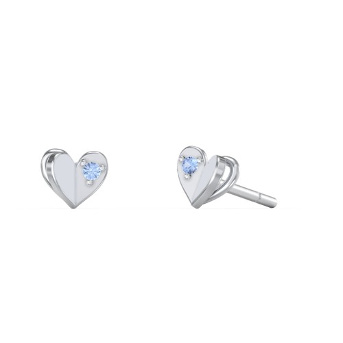 Mini Folded Heart Stud Earrings with Gemstones – Sterling Silver with Fancy Blue Premium Zirconia