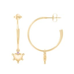 Large Open Hoop Earrings with Beaded Puffed Heart Charm and Accents