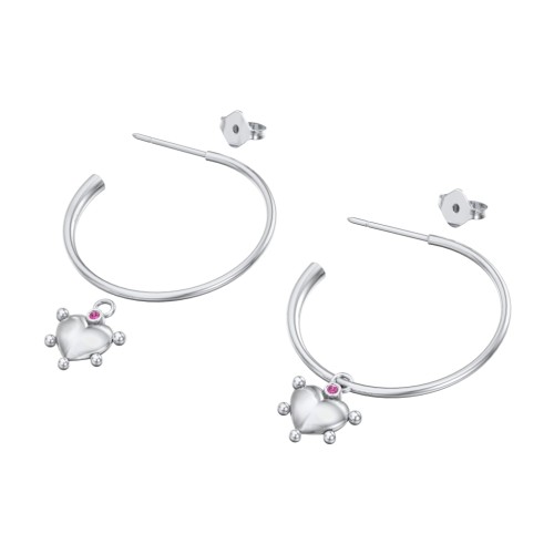 Large Open Hoop Earrings with Beaded Puffed Heart Charm and Accents – Sterling Silver with Ruby