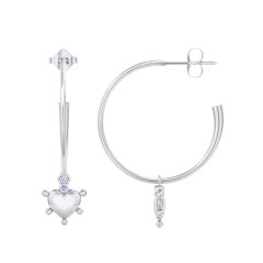 Large Open Hoop Earrings with Beaded Puffed Heart Charm and Accents – Sterling Silver with Citrine