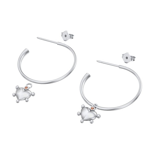 Large Open Hoop Earrings with Beaded Puffed Heart Charm and Accents – Sterling Silver with Garnet