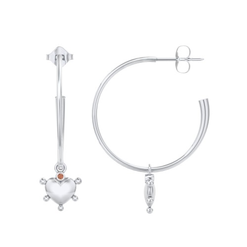 Large Open Hoop Earrings with Beaded Puffed Heart Charm and Accents – Sterling Silver with Garnet