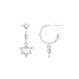 Small Open Hoop Earrings with Beaded Puffed Heart Charm and Accents in 925 Sterling Silver with Amethyst