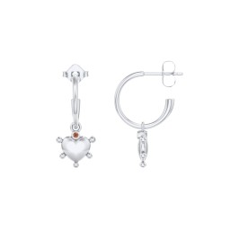 Small Open Hoop Earrings with Beaded Puffed Heart Charm and Accents in 925 Sterling Silver with Garnet