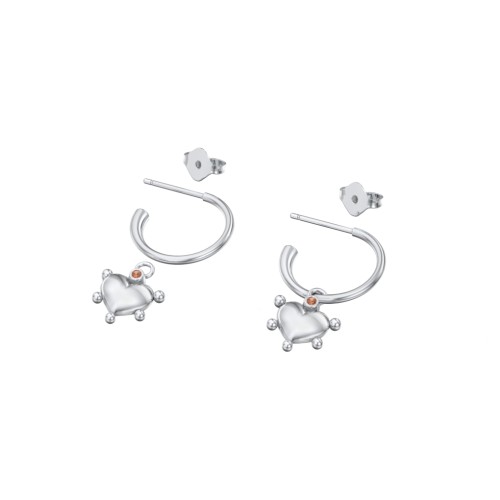 Small Open Hoop Earrings with Beaded Puffed Heart Charm and Accents – Sterling Silver with Garnet