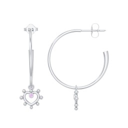 Large Open Hoop Earrings with Beaded Open Heart Charm and Accents in 925 Sterling Silver with Amethyst
