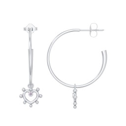 Large Open Hoop Earrings with Beaded Open Heart Charm and Accents in 925 Sterling Silver with Alexandrite