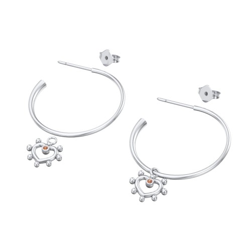 Large Open Hoop Earrings with Beaded Open Heart Charm and Accents – Sterling Silver with Garnet