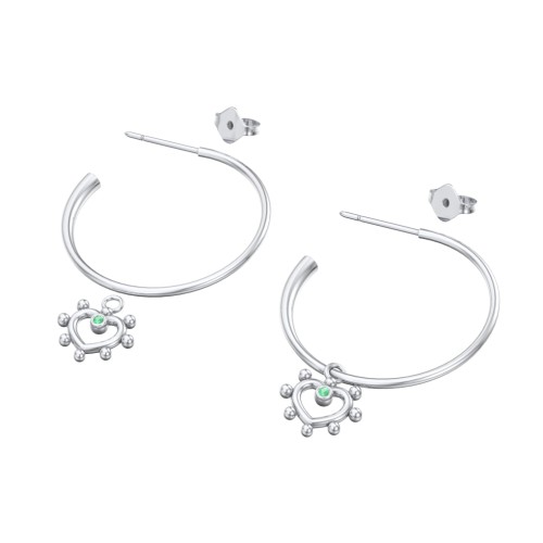 Large Open Hoop Earrings with Beaded Open Heart Charm and Accents – Sterling Silver with Emerald