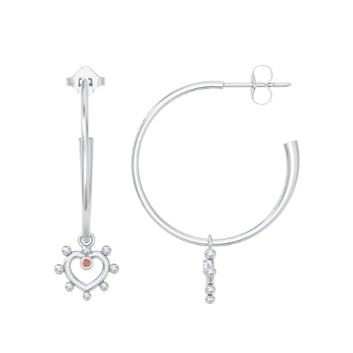 Large Open Hoop Earrings with Beaded Open Heart Charm and Accents – Sterling Silver with Garnet