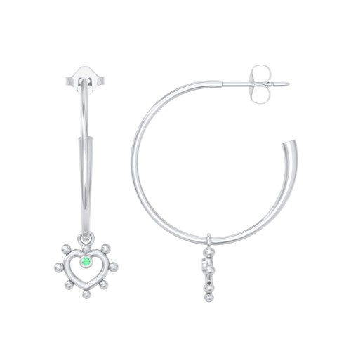 Large Open Hoop Earrings with Beaded Open Heart Charm and Accents – Sterling Silver with Emerald