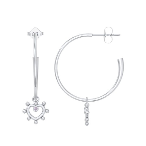 Large Open Hoop Earrings with Beaded Open Heart Charm and Accents – Sterling Silver with Alexandrite