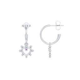 Small Open Hoop Earrings with Beaded Open Heart Charm and Accents in 925 Sterling Silver with Amethyst
