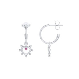 Small Open Hoop Earrings with Beaded Open Heart Charm and Accents in 925 Sterling Silver with Ruby
