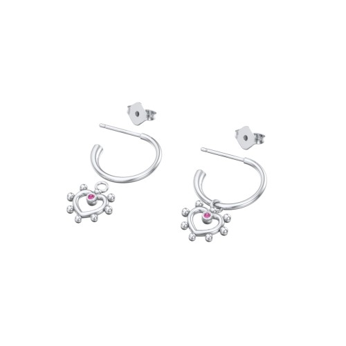 Small Open Hoop Earrings with Beaded Open Heart Charm and Accents – Sterling Silver with Ruby