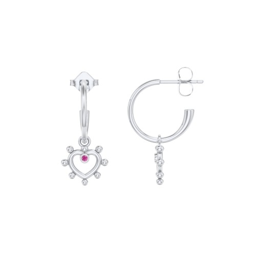 Small Open Hoop Earrings with Beaded Open Heart Charm and Accents – Sterling Silver with Ruby