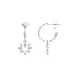 Small Open Hoop Earrings with Beaded Open Heart Charm and Accents in 925 Sterling Silver with Aquamarine