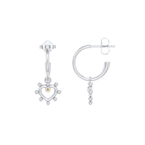 Small Open Hoop Earrings with Beaded Open Heart Charm and Accents – Sterling Silver with Citrine