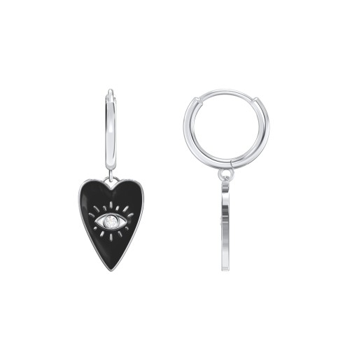 Evil Eye Heart Charm Huggie Earrings with Enamel and Accent – Sterling Silver