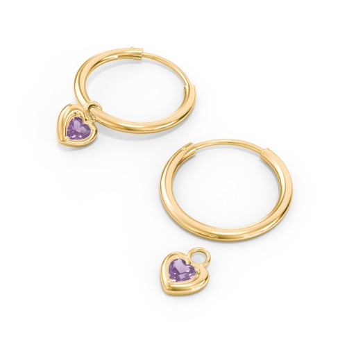 Medium Hoops with Removable Puffy Heart Birthstone Charms – with Amethyst