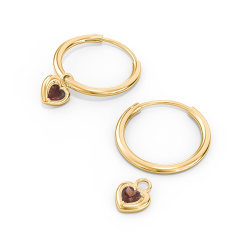 Medium Hoops with Removable Puffy Heart Birthstone Charms – with Garnet
