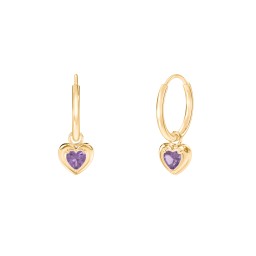 Small Hoops with Removable Puffy Heart Birthstone Charms in with Amethyst